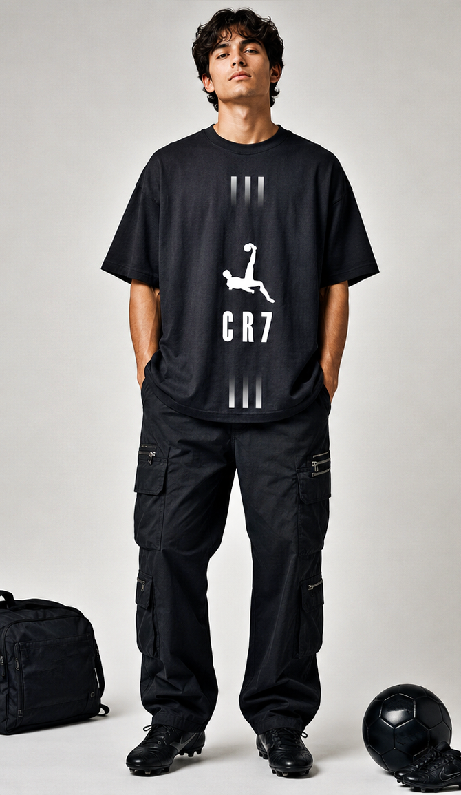 Men's Oversized Football Celebration Graphic T-Shirt | Premium Streetwear Drop Shoulder Tee | Black