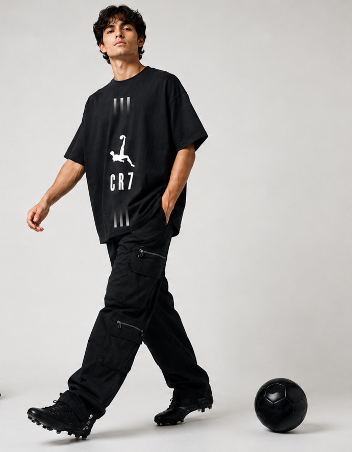Men's Oversized Football Celebration Graphic T-Shirt | Premium Streetwear Drop Shoulder Tee | Black