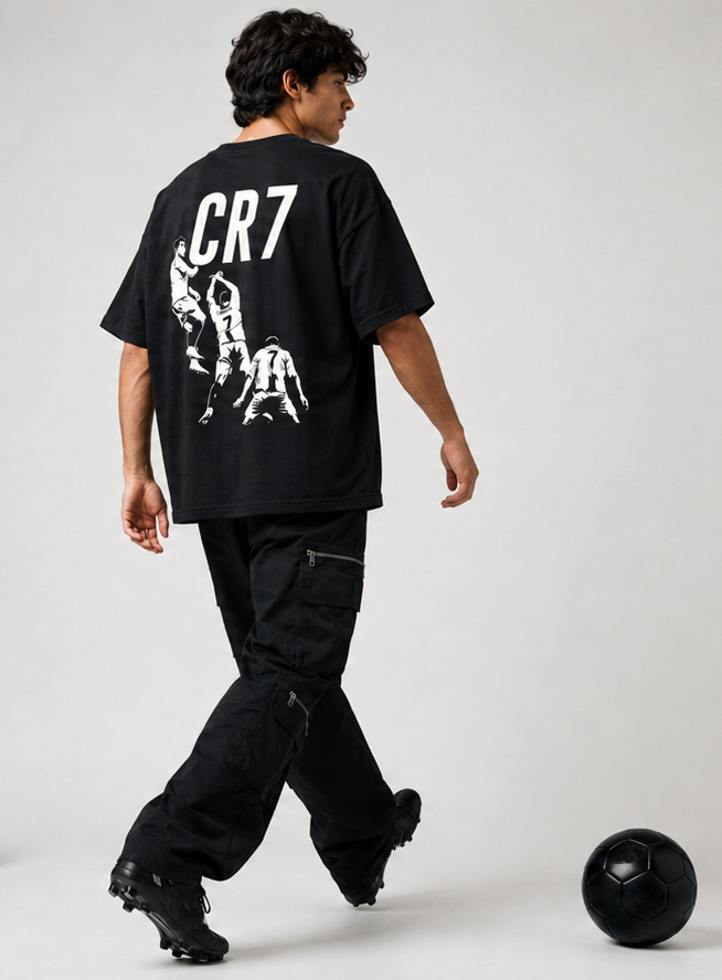 Men's Oversized Football Celebration Graphic T-Shirt | Premium Streetwear Drop Shoulder Tee | Black