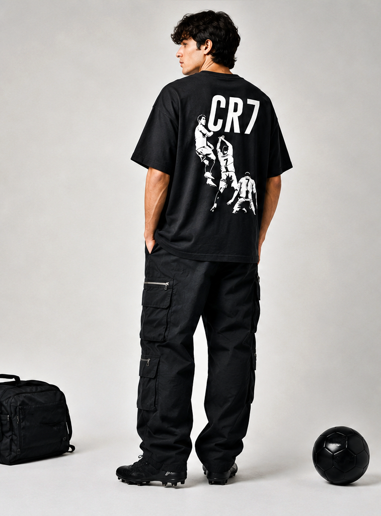 Men's Oversized Football Celebration Graphic T-Shirt | Premium Streetwear Drop Shoulder Tee | Black