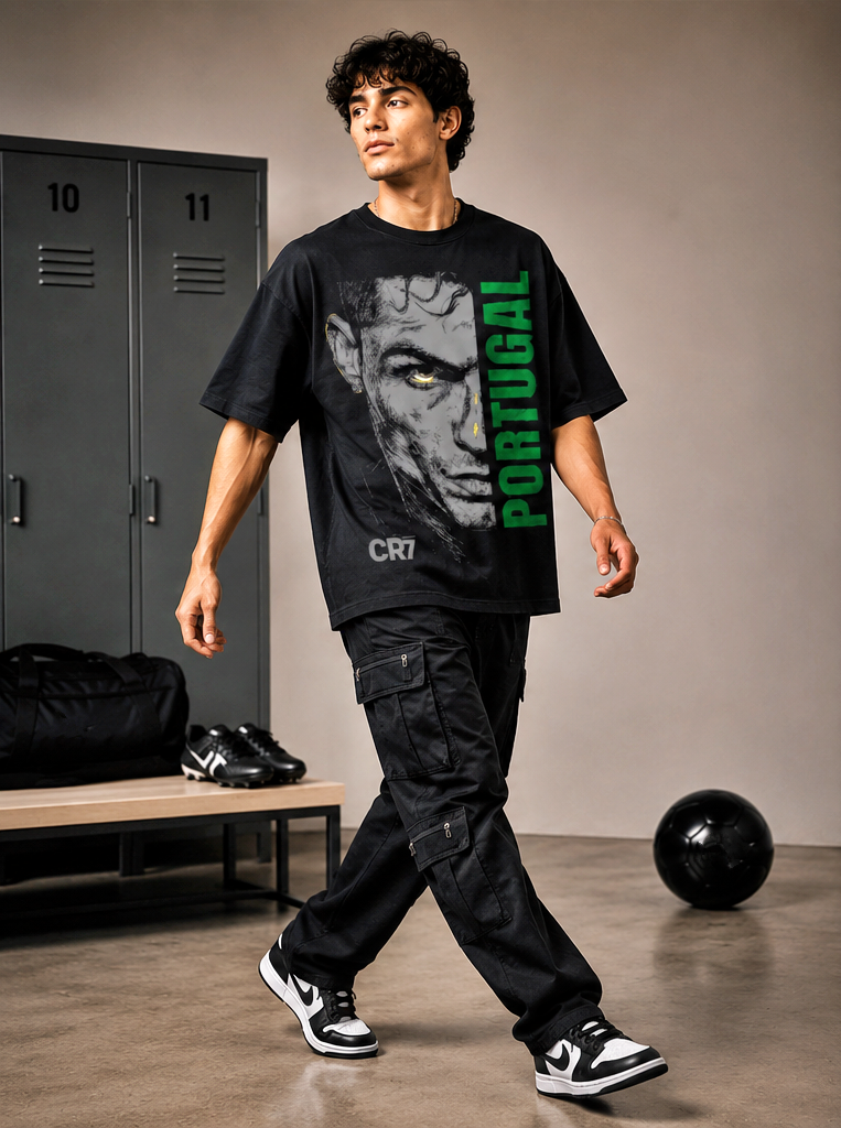 Men's Oversized Football Nation Graphic T-Shirt | Premium Streetwear Drop Shoulder Tee | Black