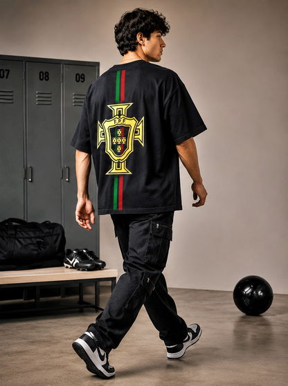 Men's Oversized Football Nation Graphic T-Shirt | Premium Streetwear Drop Shoulder Tee | Black