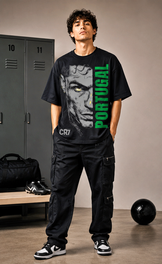 Men's Oversized Football Nation Graphic T-Shirt | Premium Streetwear Drop Shoulder Tee | Black