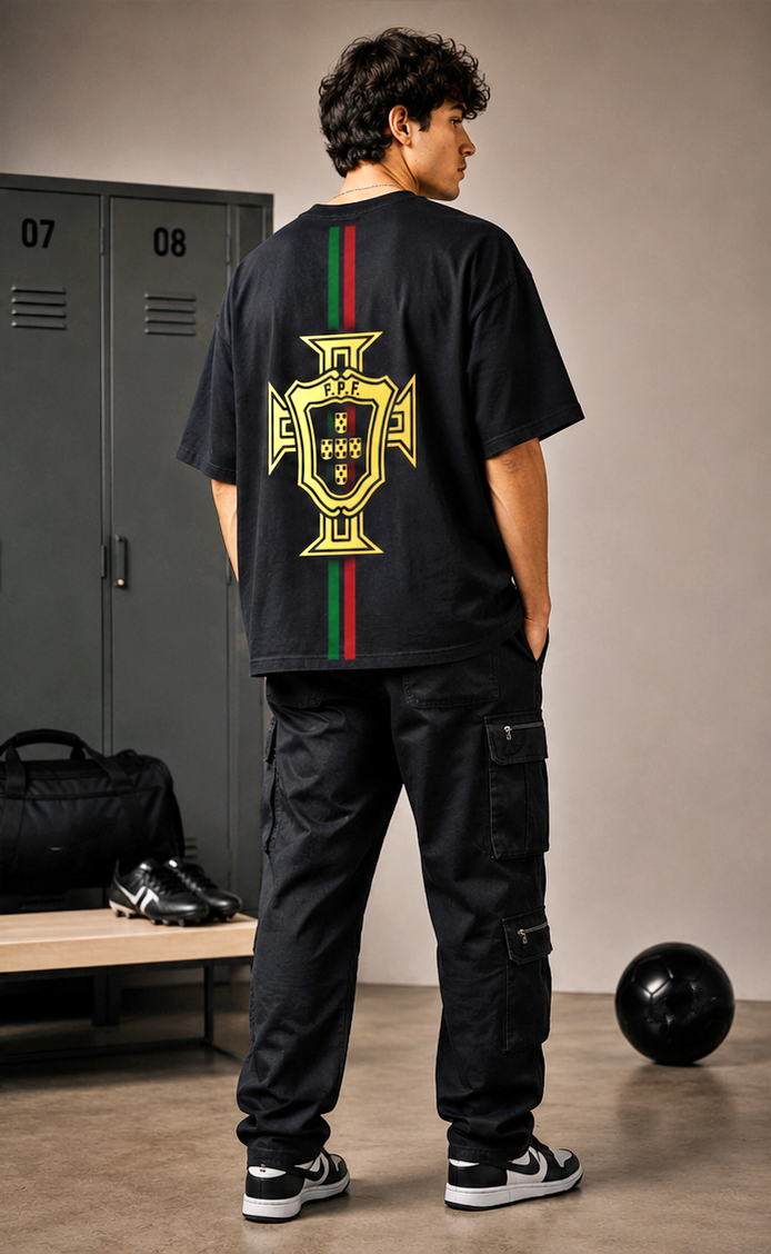 Men's Oversized Football Nation Graphic T-Shirt | Premium Streetwear Drop Shoulder Tee | Black