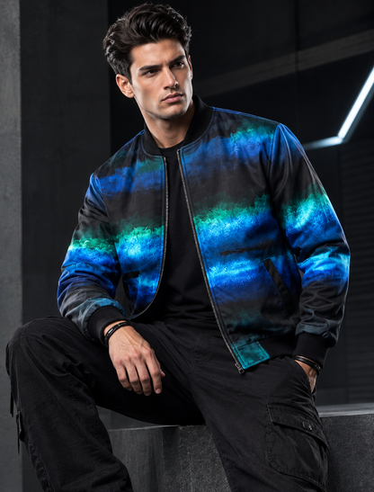 Men's Blue & Teal Abstract Printed Bomber Jacket