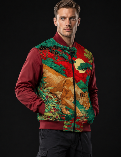 Maroon and Green Wildlife Graphic Men's Bomber Jacket