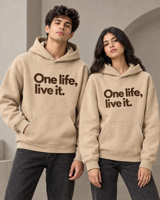 ONE LIFE Unisex Graphic Printed Beige Hoodie
