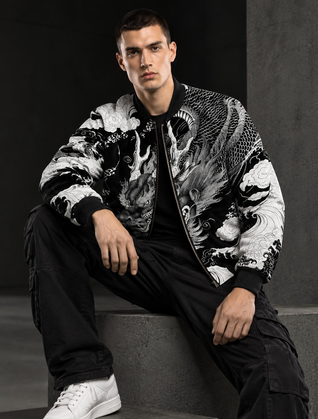 Men's Black & White Dragon Print Bomber Jacket
