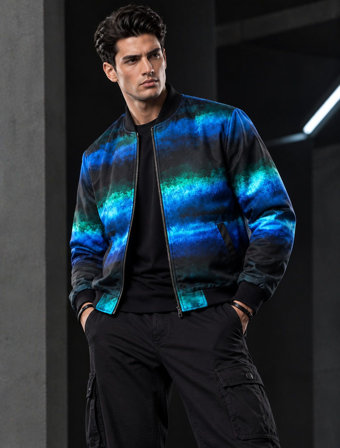 Men's Blue & Teal Abstract Printed Bomber Jacket