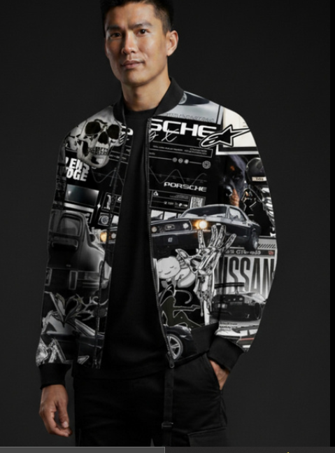 Men's Porsche Black & White Print Bomber Jacket