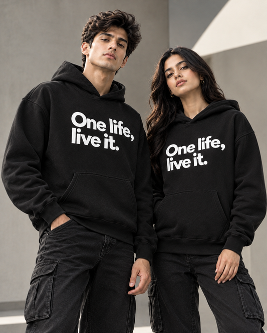 ONE LIFE Unisex Graphic Printed Black Hoodie