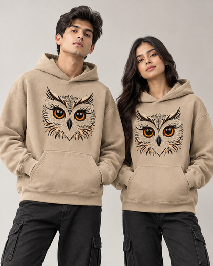 OWL FACE Unisex Graphic Printed Beige Hoodie