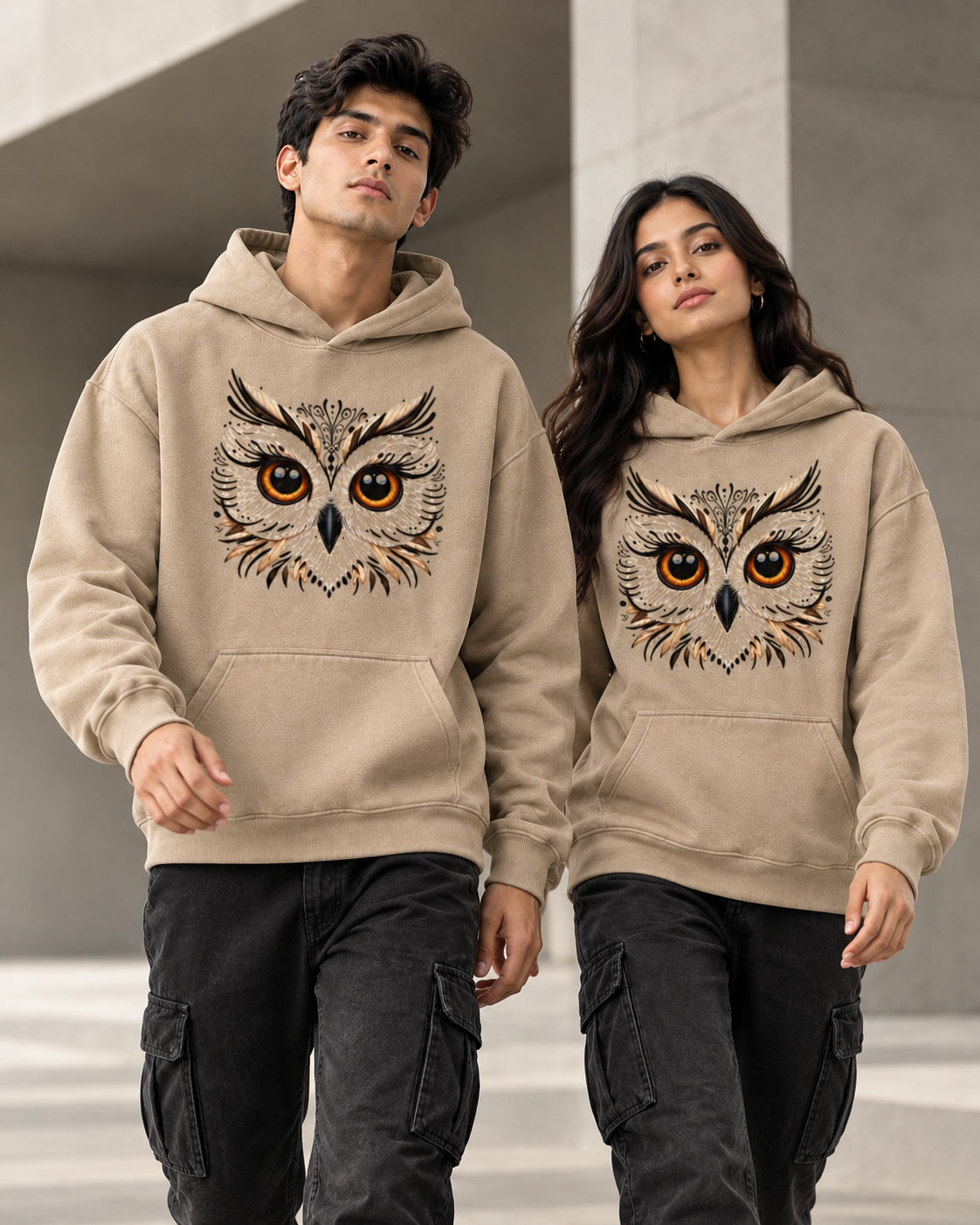 OWL FACE Unisex Graphic Printed Beige Hoodie