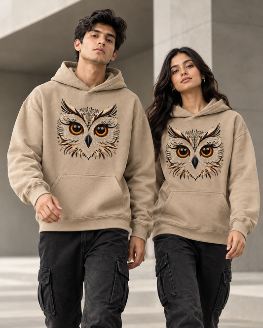 OWL FACE Unisex Graphic Printed Beige Hoodie