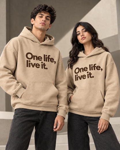 ONE LIFE Unisex Graphic Printed Beige Hoodie