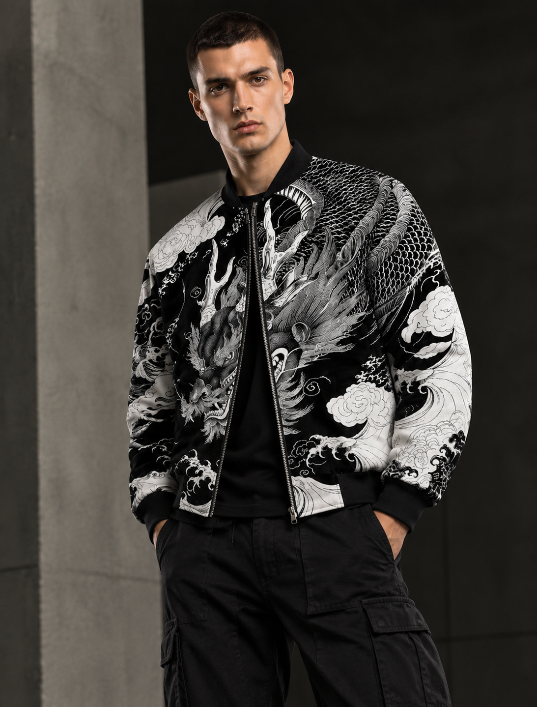 Men's Black & White Dragon Print Bomber Jacket