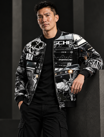 Men's Porsche Black & White Print Bomber Jacket
