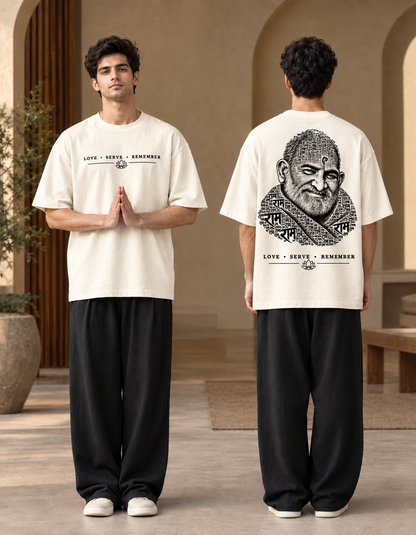 Neem Karoli Baba Graphic Beige Oversized T-Shirt | Spiritual Streetwear