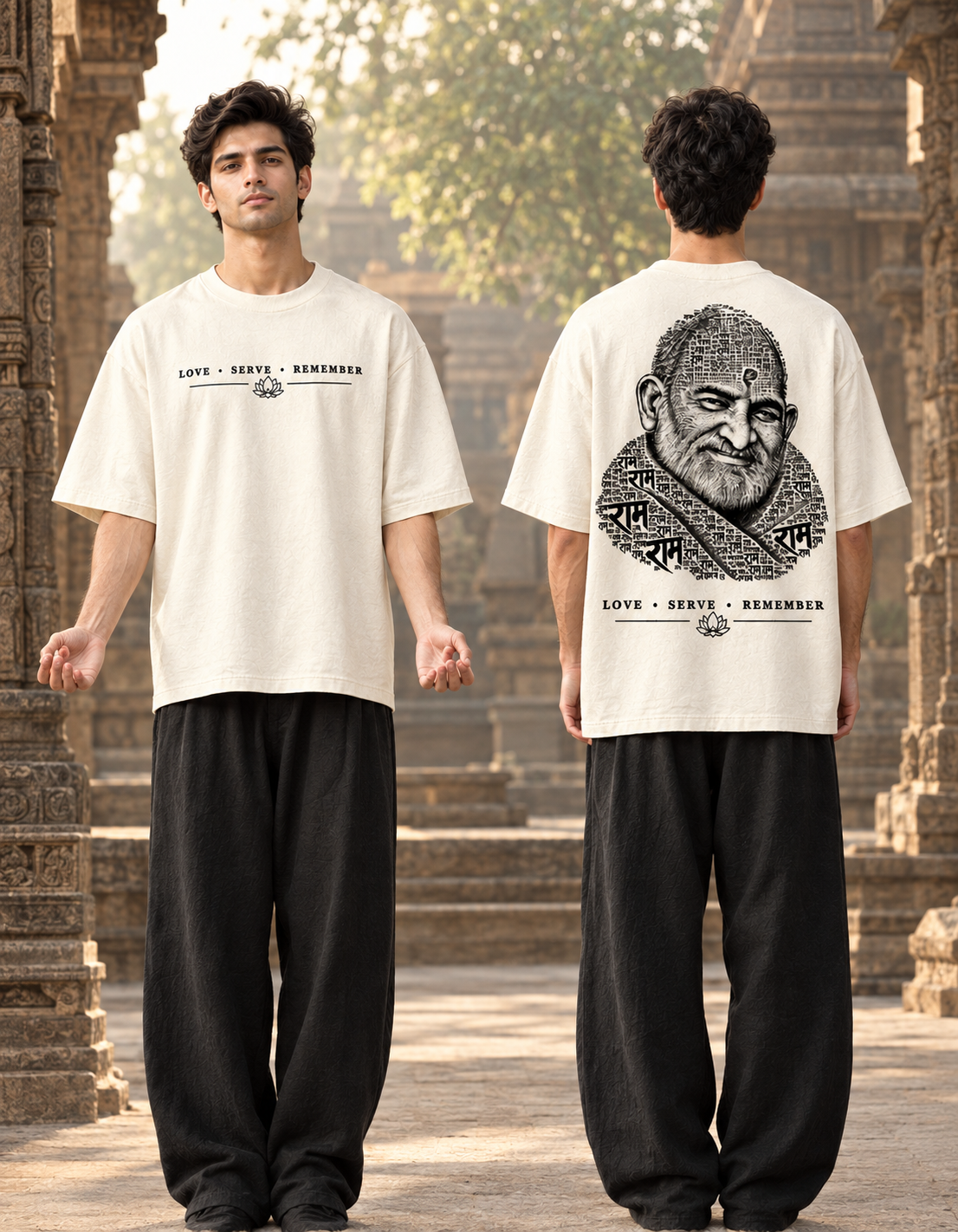 Neem Karoli Baba Graphic Beige Oversized T-Shirt | Spiritual Streetwear