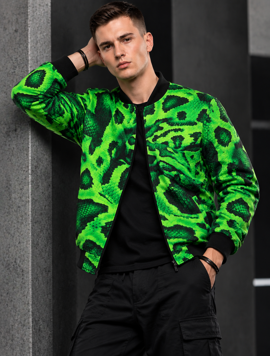 Men's Neon Green Snake Print Bomber Jacket