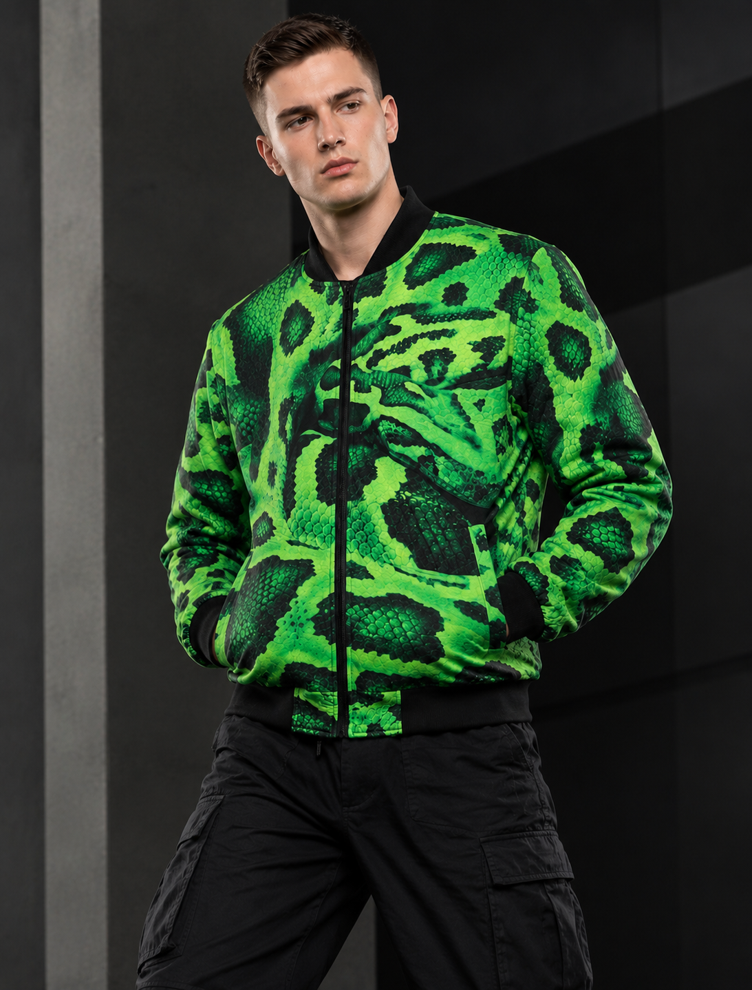 Men's Neon Green Snake Print Bomber Jacket