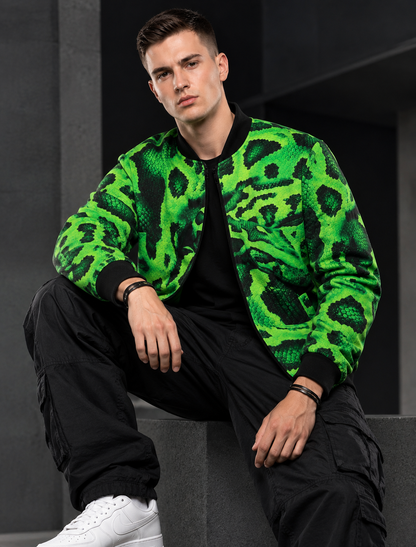 Men's Neon Green Snake Print Bomber Jacket