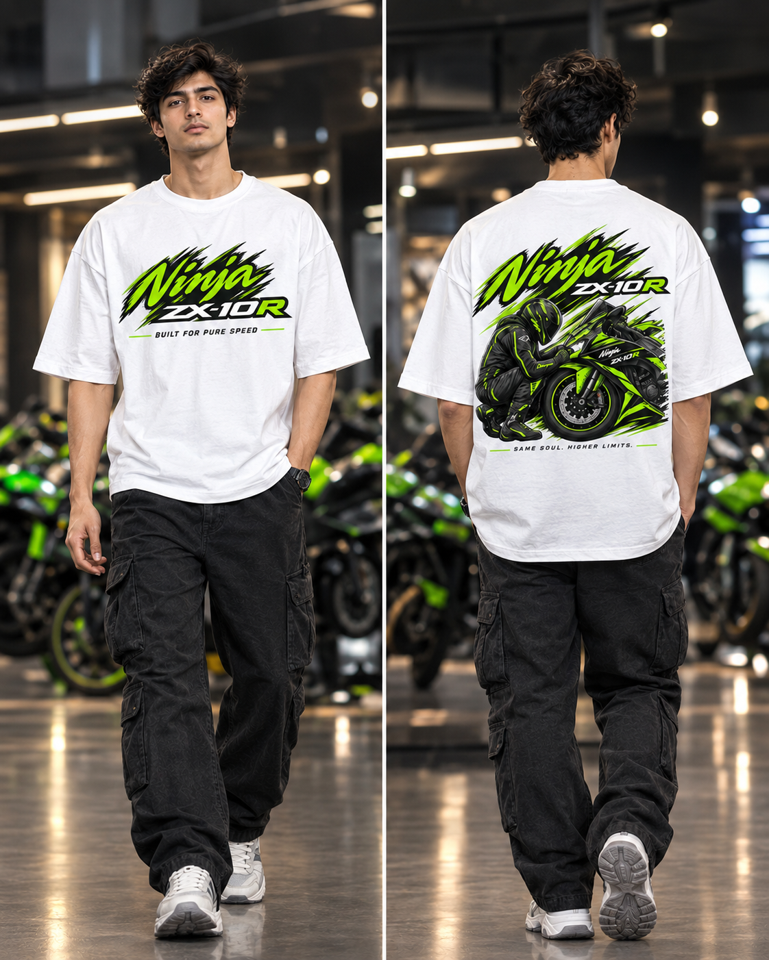 Ninja ZX-10R Inspired White Oversized T-Shirt for Men | Superbike Graphic Tee
