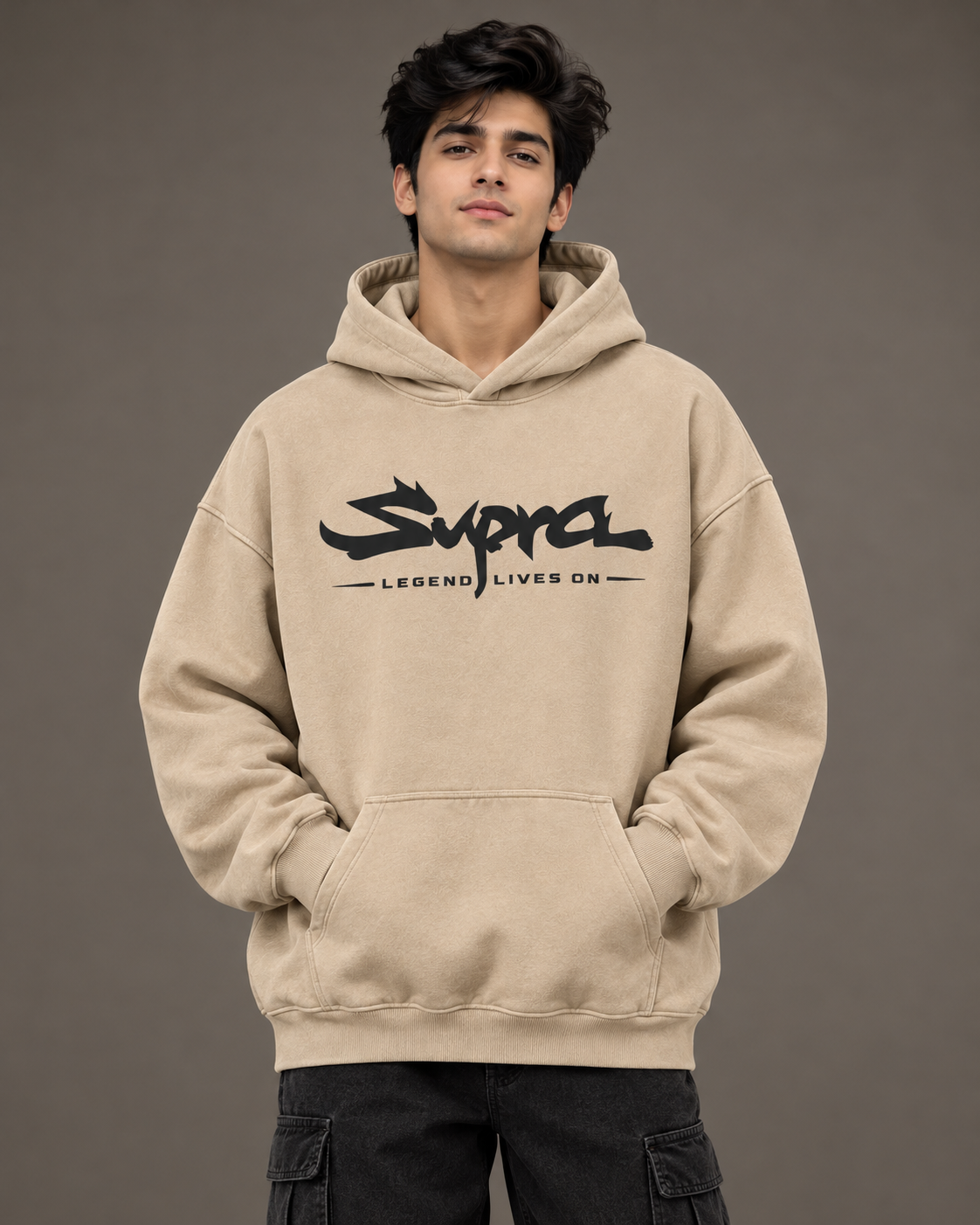 Supra Automotive Graphic Oversized 430 GSM Beige Hoodie
