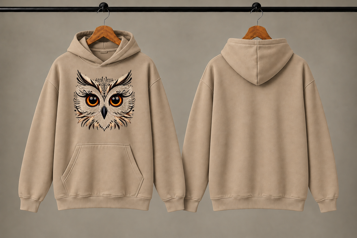 OWL FACE Unisex Graphic Printed Beige Hoodie