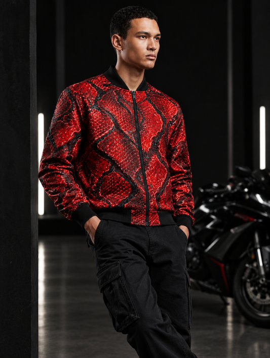 Men's Red Snake Print Bomber Jacket