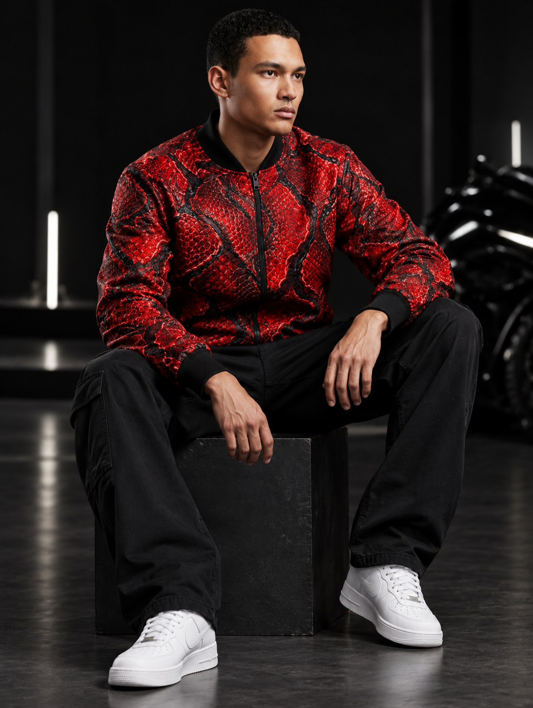 Men's Red Snake Print Bomber Jacket