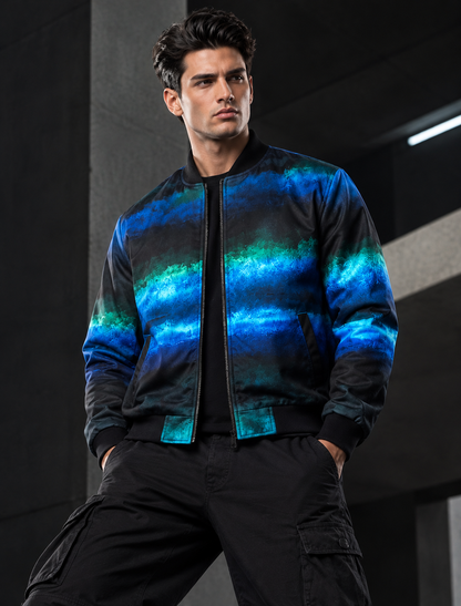 Men's Blue & Teal Abstract Printed Bomber Jacket