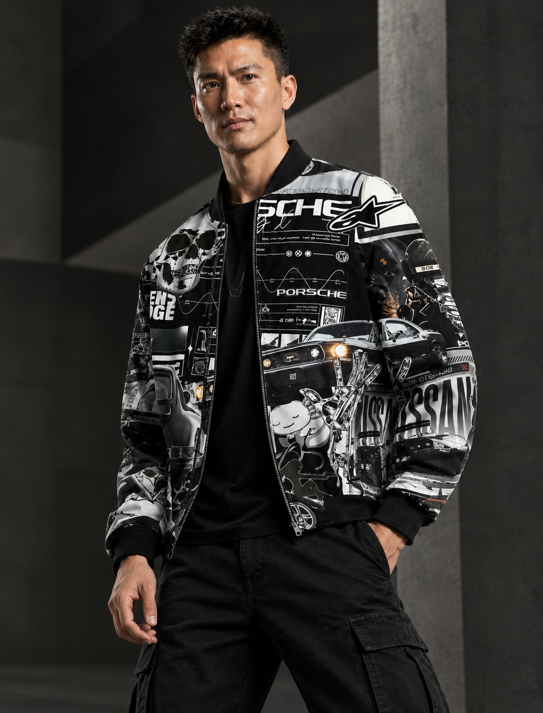 Men's Porsche Black & White Print Bomber Jacket