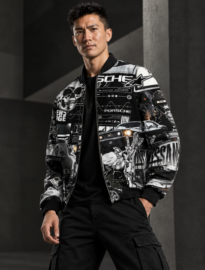 Men's Porsche Black & White Print Bomber Jacket