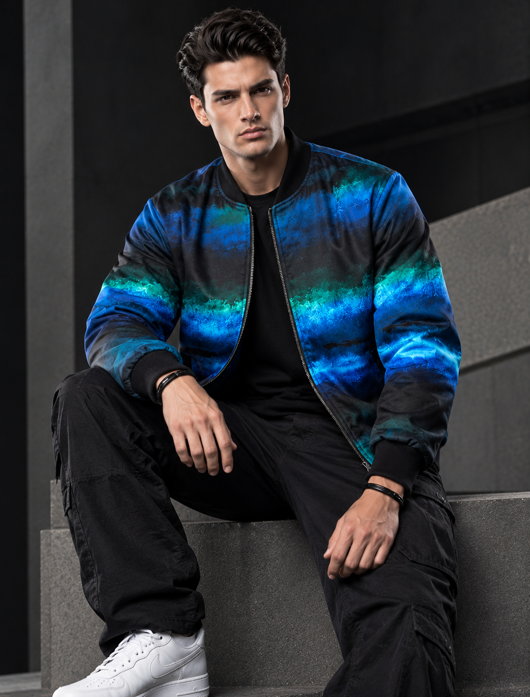 Men's Blue & Teal Abstract Printed Bomber Jacket